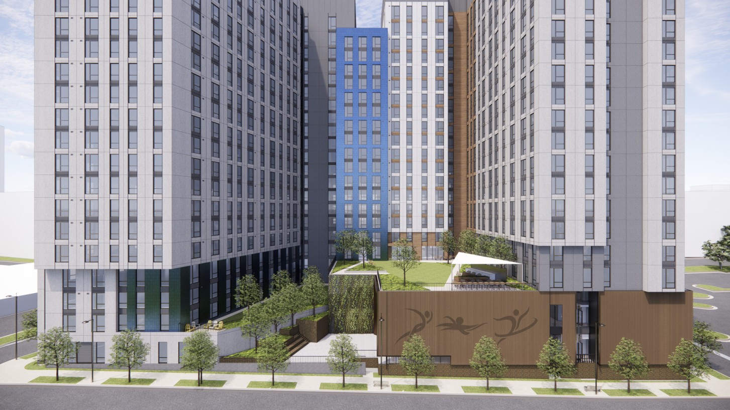 Rendering of The Exchange at Spring Hill Station, two mixed-use towers with all affordable housing units